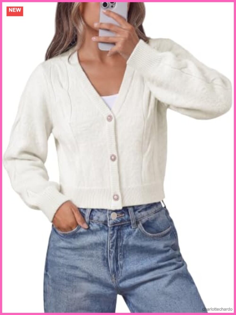Cropped Lightweight Wool Blend Cardigan with Lantern Sleeves & V-Neck